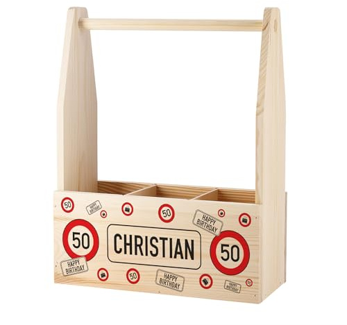 Herz & Heim® Flaschenträger aus Holz zum Geburtstag – Persönliches Geschenk personalisiert mit Name & Alter – Tragekorb für Flaschen – Geburtstagsgeschenk mit Verkehrsschild-Design