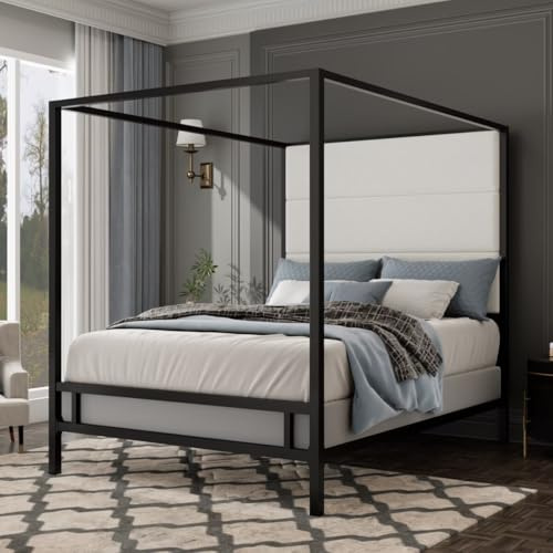 JIJIWANG Metal Canopy Bed with Tall Velvet Fabric Upholstered Headboard Moden 4-Poster Bed Frame, Box Spring Needed (Queen,Black)