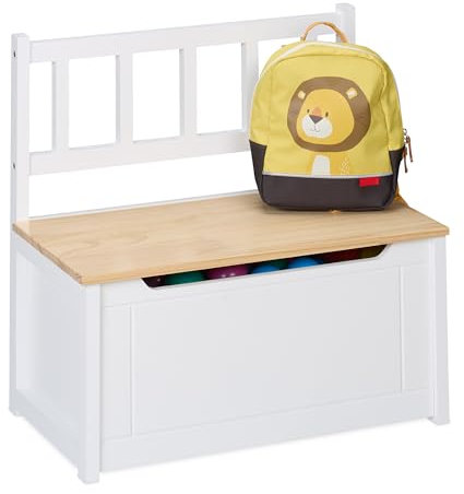 Relaxdays Kinderbank mit Stauraum, Klappdeckel, Rückenlehne, HxBxT: 55 x 57 x 31 cm, Kinder, Spielzeugkiste, weiß/natur