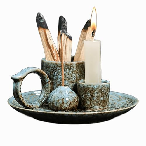 IUOUTG Soporte para Palos Palo Santo, 4 En 1 Quemador De Incienso De Cerámica, Candelero De Salvia Multipropósito, Bandeja De Ceniza para Sala De Yoga De Meditación