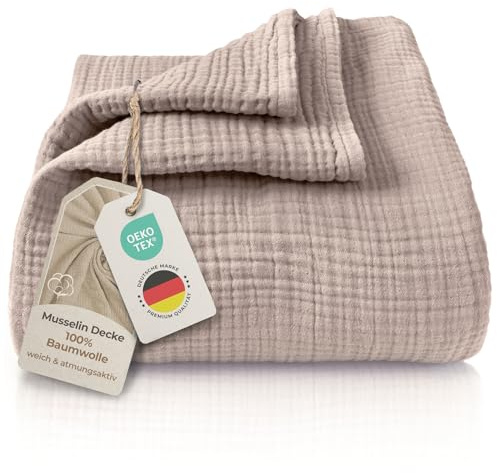 LAYNENBURG Premium Musselin Tagesdecke 150x200 cm - 100% Baumwolle - extraweiche, leichte Sommerdecke als Kuscheldecke, Bett-Überwurf, Baumwolldecke, Couch-Überwurf - warme Sofa-Decke (Taupe)