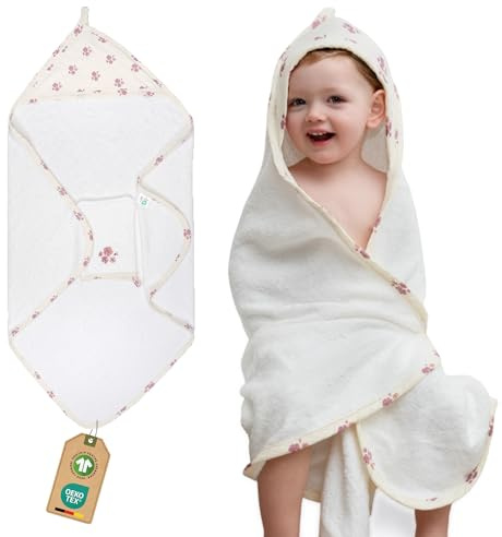 Novaaza Baby Kapuzenhandtuch mit Waschhandschuh- Weiches Babyhandtuch mit Kapuze für Neugeborene & Kleinkinder- Hautfreundliches Kapuzenhandtuch Baby- Öko-Text-Zertifiziertem Frottee (Blumig)