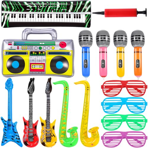 ausurme 16 Pcs Inflatable Party Props, Saxophone Microphone Balloons, Rock Star Toy Guitar Set For 80s 90s Disco Party, Birthday Party Supplies Favors Photo Booth Props