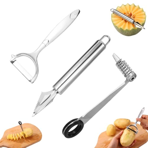 Grönsaksskalare med Spiralskärare V-Formad Verktygssats, Rostfritt Stål Spiralskärare och Köksskalare och V-Formad Snidningsverktyg i Zinklegering för att Skära eller Snida Potatis Gurka