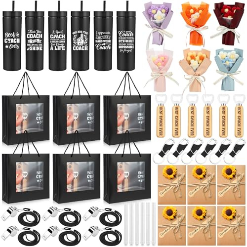 Acellegic 48 Pcs Coach Appreciation Gift Set Bulk Best Coach Ever 16 oz Tumbler with Lid Straw Crochet Bouquet Whistles Keychains Gift Bags Thank You Gifts for Coaches Men Women Sports Teams(Classic)