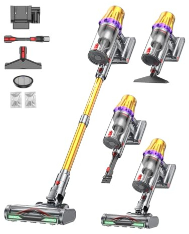 Huhuba H9 Akku Staubsauger 58000Pa/650W/80Min, Staubsauger Kabellos mit LED-Touchscreen, Selbststehender Akkustaubsauger, Upgrade Anti-Tangle Bodenbürste für Tierhaare/Teppiche/Hartböden, Goldfarben