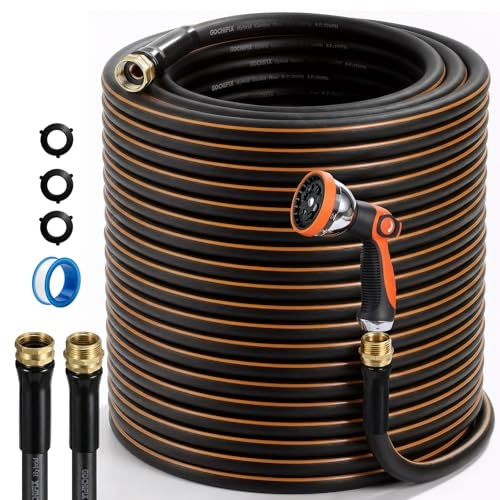 Garden Hose, 100ft 5/8 Heavy Duty Rubber Water Hose w/ 10-Mode Spray Nozzle, 550 PSI Burst, 360° Anti-Kink Swivel Connectors, All-Weather Flexible, Leakproof 3/4 Brass Male to Female Fittings