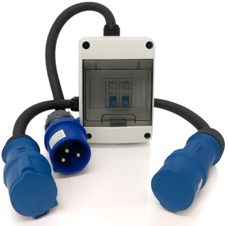 32A to 2 x 16A Single Phase Safe MCB Splitter Adaptor – 32A 3 Pin 230V Inlet to 2 × 16A 3 Pin Sockets – Dual 16A MCB Protection – IEC 60309 Industrial Distribution Box – PAT Tested