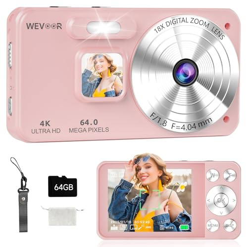 Cámara de Fotos 4K 64MP, Wevoor Camara Digital 64GB con 2.8 Pantalla, Zoom Digital 18x, 2000mAh Digital Compact Cameras, Camara Fotos Portátil para Principiantes Niños Adolescentes - Rosa