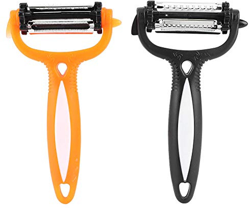 Pelador de frutas y verduras multifuncional de acero inoxidable, herramienta de cocina con Mango antideslizante, color naranja y negro, paquete de 2