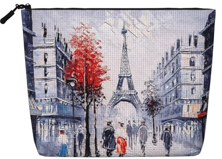 Paris City Tree Eiffel Tower Art Cosmetic Organizer Large Fake Hemp Bag, Water Resistant Zippered Pouch for Daily Travel