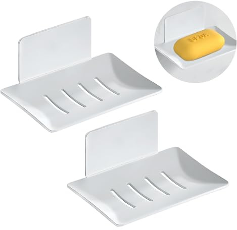 2 stycken självhäftande tvålhållare, ingen borrning krävs, tvålskål med dränering, tillverkad av korrosionsbeständigt aluminium, lämplig för kök och badrum – vit