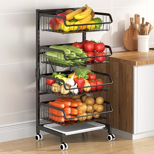 OAKVYNE Portafrutta A Ripiani Cucina, Carrello Cucina Con Ruote 4 Livelli, Organizzatore Metallo Regolabile Con Cestini A Rete Per Cucina E Dispensa