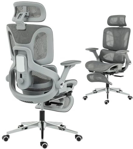 HOMCOM Ergonomic Office Chair High Back Mesh Desk Chair Footrest Grey | Separated Backrest, 4D Flip-up Armrests, Adjustable Headrest, Lumbar Support and Seat Depth, for Home Office