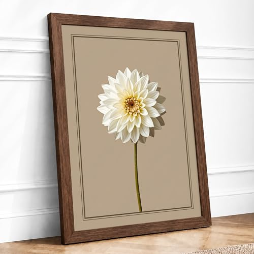 White Dahlia Study Botanical Framed Wall Art Print A2 Walnut | Ready to Hang, Premium Giclée Paper, Fade-Resistant Inks, Securely Packaged, UK Made
