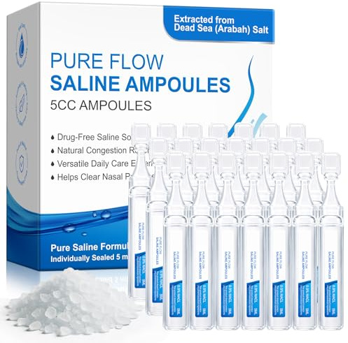 Sea Salt Nasal Wash Ampoules 21 x 5ml, Sterile Saline Nasal Rinse for Daily Nose Cleaning, Preservative Free Single Use Nasal Care Solution for Adults & Kids