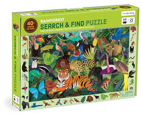 Mudpuppy Rainforest — 64 Piece Search & Find Puzzle Jigsaw Puzzle Featuring Diverse and Exotic Rainforest Animals and Over 40 Hidden Images to Find for Ages 4+