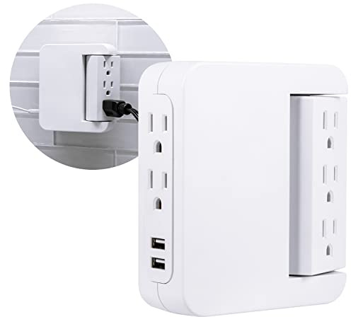 GE Pro Side-Access Swivel Surge Protector, 5-Outlet Extender with 2 USB Ports, Wall Tap Adapter, Charging Station, 3-Prong, 560 Joules, 2.4 AMP/12 Watt, UL Listed, White, 39429