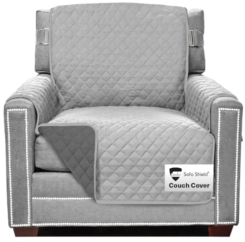 Sofa Shield® Couch Armchair Covers for Dogs, Reversible Furniture Protector with Strap, Stain and Tear Resistant Cushion Cover, 23 inch Seat, Machine Washable Slipcover Pets, Cats, Light Gray Charcoal