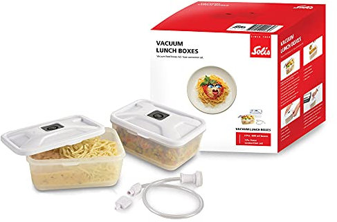 Solis Lunch Boxen als Vakuumierbehälter zum Mitnehmen, 2x Vakuumdosen: je 600 ml, Rechteckige Vakuumbehälter für Vakuumierer mit Schlauchanschluss-Set