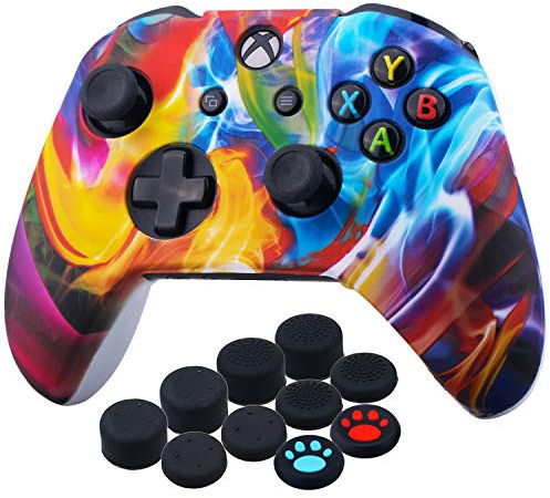 YoRHa Tryck silikonskal i gummi för Xbox One S/X-kontroll x 1 (färgglad ström) med tumgrepp x 10