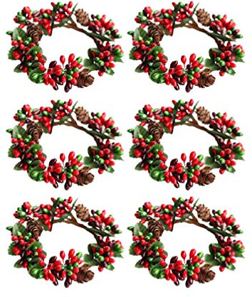 Amosfun 6 x Weihnachts-Kerzenringe, rote Beeren, Kränze mit Tannenzapfen für Säulen, Weihnachten, Tischdekorationen (Rot und Grün), Plastik, rot/grün, S