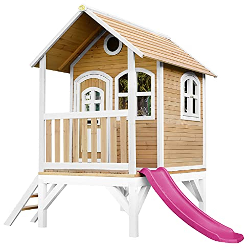 AXI Spielhaus Tom mit lila Rutsche | Stelzenhaus in Braun & Weiß aus FSC Holz für Kinder | Spielturm für den Garten