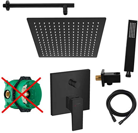 vanvilla Duschsystem Unterputz mit Duscharmatur Hansgrohe schwarz HGS01-ob | Duscharmatur von Hansgrohe Metropol Einhebelmischer und vanvilla Regendusche Duschkopf eckig, Dusch-SET schwarz matt
