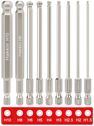 Hakkin 9 Stück 100mm Kugelkopf Schraubendreher 1/4 Sechskantschaft Ball End Hex Bitsätze S2 Legierter Stahl 1,5/2/2,5/3/4/5/6/8/10mm Sechskant Magnetischen Innensechskant Bitsatz Elektrowerkzeuge