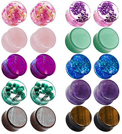 TBOSEN 10 Paar Ohrstöpsel aus Stein Unisex Ohr Tunnel Double Flare Plugs Expander Body Piercing Schmuck 0g 5/8 in 8mm-16mm
