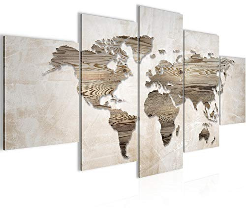 Runa Art - Cuadros Decorativos Mapa del mundo 200 x 100 cm 5 Piezas XXL Decoracion de Pared Diseño Marrón beige 035051a
