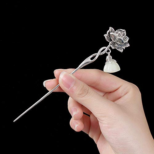 LCDIUDIU Chinesische Haarnadel,S925 Sterling Silber Hair Stick Haarnadel Retro Chinesische Klassische Essstäbchen Gabeln Hetian Jade Quaste Lotus Textur Charme Schmuck Haarschmuck Für Frauen Lange