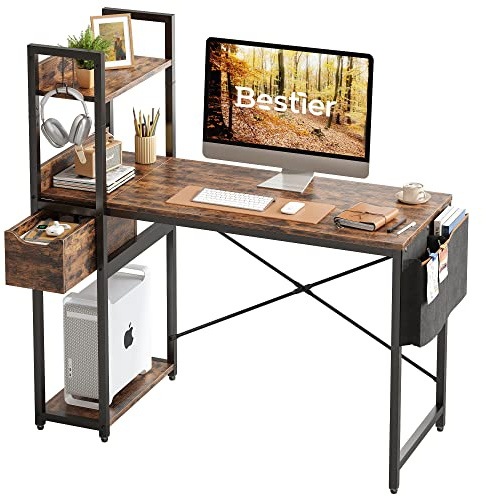 Bestier Computer Desk with Storage Shelves 120 CM Corner Desk with Drawer Reversible Computer Desk Writing Table with Side Pocket Storage Bag and Headphone Hook for Home Office Small Space