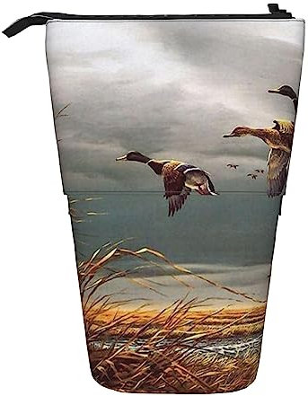 OHWODA Niedlicher Mops-bedruckter einziehbarer Bleistifttasche, vertikales Federmäppchen, tragbare Schreibwaren-Tasche, Schreibtisch-Organizer, Jagd Fliegende Wilde Enten, Einheitsgröße, Münzbeutel