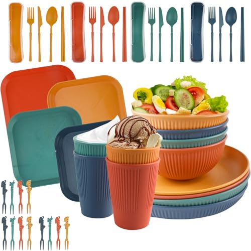 Hyacinthy Piatti Campeggio 4 Persone, 48 Pezzi Plastica Pic Nic Set Campeggio Stoviglie, Riutilizzabile Set Piatti Campeggio, Stoviglie da Campeggio, Servizio di Piatti con Ciotole Forchette Cucchiai