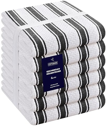 COTTONIVA 6er Set Küchentücher - 100% Baumwolle Geschirrtuch - für Restaurant, Bar, Glas - Saugfähige Maschinenwaschbar Küchentücher mit Aufhängeöse - 40x66 cm Schwarz