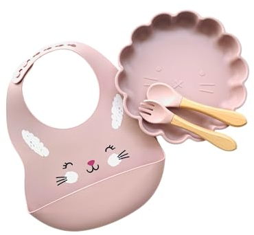 Set repas assiette ventouse + couverts pour enfant personnalisé | Cadeau de Bapteme naissance | Cadeau enfant et bébé | Kit Coffret Diner (Rose)