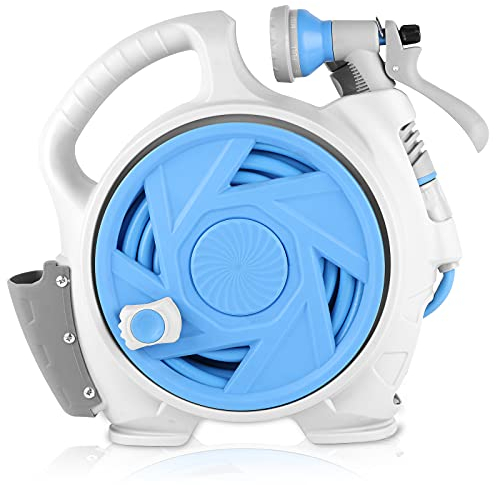 Kitness Mini Retractable Garden Hose Reel, Portable Simple Home 45+5 FT Hose Reel with 7 Adjustable Patterns Spray Nozzle&Standard Connector, Watering Hose Reel for Gardens Yards and lawns (Bule)