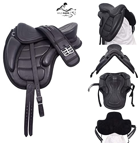 WILD RACE Genuine Leather Freemax Saddle All Purpose Treeless Horse Saddle, Size 12, 13, 14, 15, 16, 16.5, 17, 17.5, 18 Inches (14 Inch, Black)