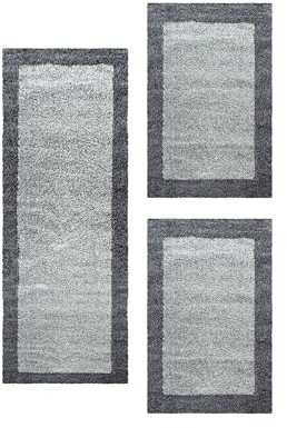 Carpetsale24 Bettumrandung Schlafzimmer 3 teilig Shaggy Hochflor Teppich Grau Bettvorleger Schlafzimmer Bettset: 2 St. 60x110 cm | 1 St. 80x150 cm - Teppich Läufer Set Bordüre Design