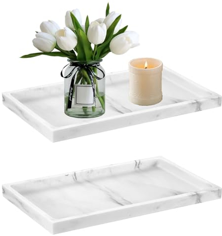 2 Pack Bathroom Tray Marble Pattern Jewelery Tray Decorative Bowl Rectangle Plate Tray for Cloths Candles Towel Soap Plant Jewelery(marble pattern S)