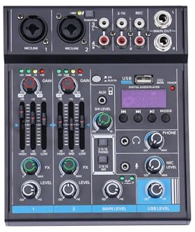 Mini 4 Kanal Stereo Sound Mischkonsole, Mischpult mit USB Bluetooth und 48V Phantom Power, DJ Live Audio Mixer mit Hall-Effekt für Karaoke Stage, Heim-KTV, Aufnahmestudios, Live-Streaming