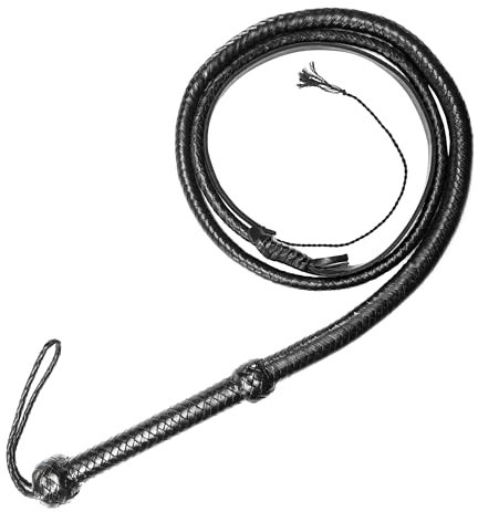Fun Choice (FC) Frustino in pelle bovina stile Indiana Jones, lunghezza 1,8 m e 2,3 m, 12 trecce, frustino nero per equitazione, completamente fatto a mano, frustino per sport equestri (1,8 m)