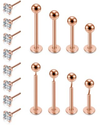 PiercingJak 4 Paar 16G Chirurgenstahl Lippenpiercing Labret Monroe Tragus Helix Piercings Stud Ohrringe mit Kugel Zirkonia Puch In Ohrpiercing Stecker 6mm 8mm 10mm 12mm Punk Schmuck