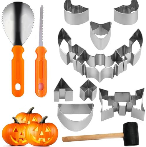Halloween Kürbis Schnitzset 13 Stück, mit 10 Edelstahl Kürbis Schablonen, 3Pcs Kürbis Kürbisschnitzwerkzeug Inklusive Gummihammer, DIY Halloween Deko, DIY Kürbis Carving Set für Kinder und Familie