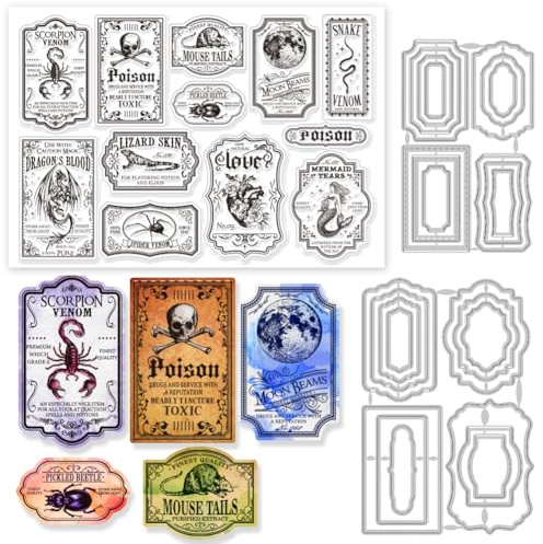 GLOBLELAND Poison Label Transparent Stamps Skorpion Meerjungfrau Spinnenrahmen Stanzformen Set Silikon Transparent Stempel Metall Stanzungen Für Kartengestaltung Und Prägung Scrapbooking Basteldekor