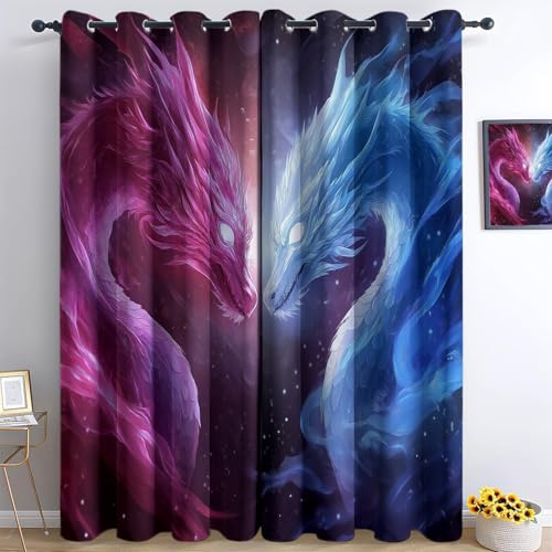 Blickdicht Vorhänge mit Drucken, Verdunkelungs mit Ösen Gardinen Fantasy Anime Drache Thermo Isoliert Lärmminderung Vorhange für Schlafzimmer, Wohnzimmer H 160 x B 70 cm (2er Pack) Blau Rosa