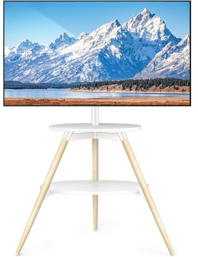 5Rcom Support TV sur trépied avec 2 étagères, pivotant et réglable en hauteur, support TV au sol en bois pour écran LED LCD OLED de 32 à 65 pouces, VESA max 400x400mm, charge max 40kg, blanc