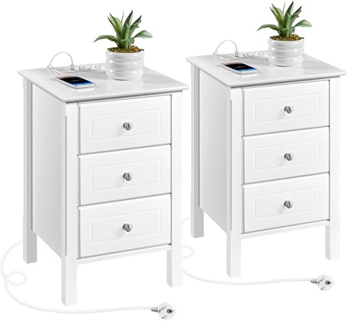 Yaheetech Lot de 2, Tables de Chevet avec Multiprise, 2 Ports USB 2 Prises CA, Table d'appoint, 3 Trioirs, Salon Chambre Bureau, Moderne, Blanche