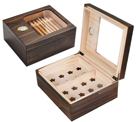 Humidor de Puros Hecho a Mano,Humidors Cedro Higrómetro,Humidificador de Puros,Clásico Desk Humidor Puros,Tapa Vidrio (25-50 Puros) -Regalo para Hombres Papá Esposo Novio